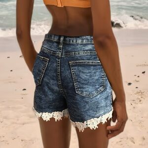 Denim Shorts with floral white lace crochet hem